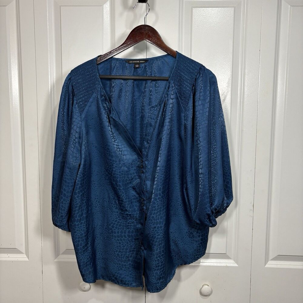 Zac & Rachel Blouse Womens 1X Teal Satin Animal Print Puff Sleeve Boho Chic Top